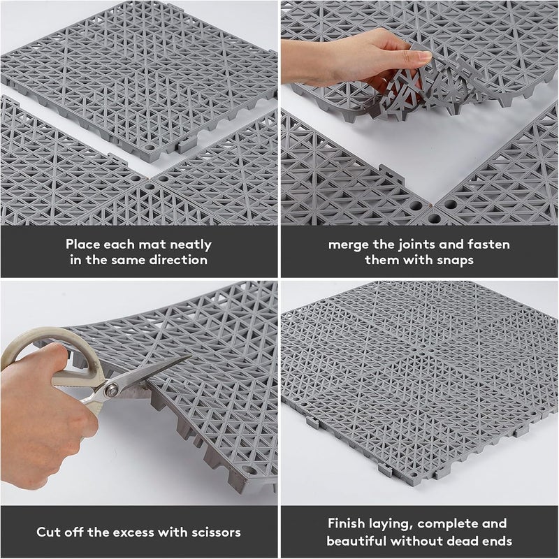 WENQUIT 12PCS Interlocking Drainage Mat, 12" x 12" Non-Slip Splicing Rubber Drainage Floor Mats with Holes, Cushioning Floor Tiles Mats for Deck, Pool, Indoor Bathroom & Outdoor Balcony-Gray - Image 3